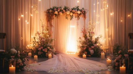 Beautifully decorated wedding altar with fresh flowers, candles, and flowing fabric, creating a romantic ambiance