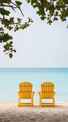 Two yellow chairs on a sandy beach facing the turquoise ocean under a clear sky, symbolizing relaxation and tropical getaway (22)