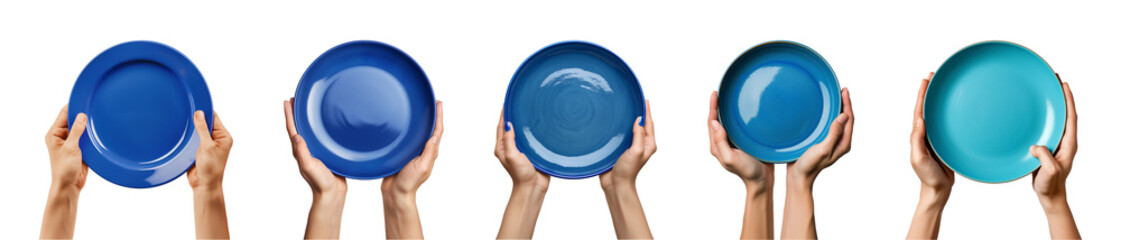 Wall Mural - Hand holds empty blue plate isolated on a transparent or white background, top view, cut out, PNG