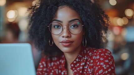 Poster - A woman with curly hair and glasses is sitting at a table with a laptop. She is wearing a red floral dress and has red lipstick on. The scene suggests a casual and relaxed atmosphere