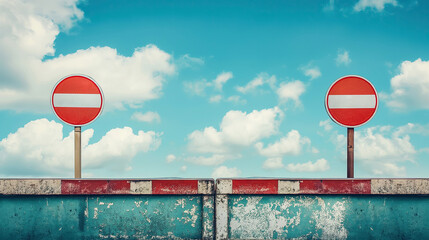 Two no entry signs stand in front of a weathered metal barrier against a vibrant blue sky. The image represents restrictions, roadblocks, and prohibited access