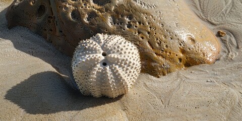 Sticker - Common heart urchin bone skeleton on sandy beach