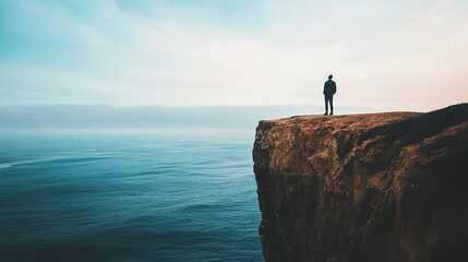 Sticker - A man stands on a cliff overlooking a vast ocean.