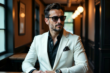 A man dressed in a stylish white suit and cool sunglasses is sitting at a table