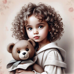 Wall Mural - Little cute curly girl holding a teddy bear toy.