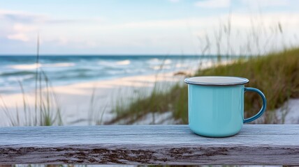 Wall Mural - A serene morning by the beach with a turquoise mug perched on a wooden railing overlooking the waves