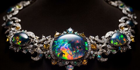 Ornate opal necklace with colorful gems.