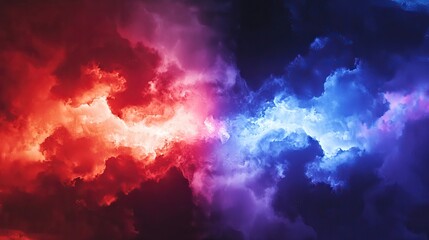 Poster - two clouds crashing into each other, one red, one blue, blending into purple, dramatic, energetic