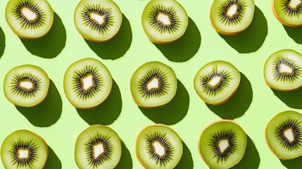 Wall Mural - A pattern of kiwi slices on a green background.