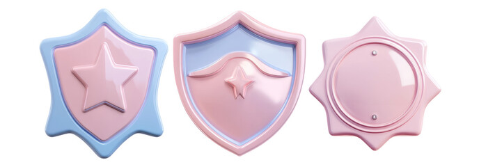 Pastel badge set isolated on transparent background. Decorative shield and badge designs in soft hues for security and authority themes