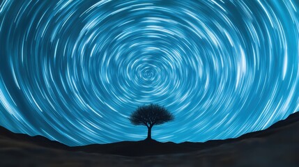 Canvas Print - A tree is standing in the middle of a field with stars swirling around it, AI