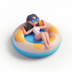 Wall Mural - Summer vacation 3d isometric illustration view of a person lying on inflatable enjoying sun and chill relax time