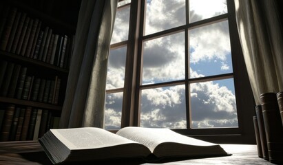 This mysterious Bible is set on a table in front of a colorful, dramatic horizon with a divine ray, ideal for religious illustrations.