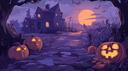 Wall Mural - Haunted House and Jack-o'-Lanterns on a Halloween Night