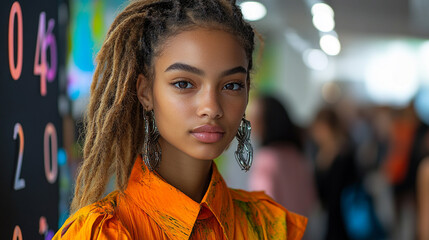 A young woman with stylish dreadlocks wearing an orange shirt, posed against a colorful backdrop, exuding confidence and charm.