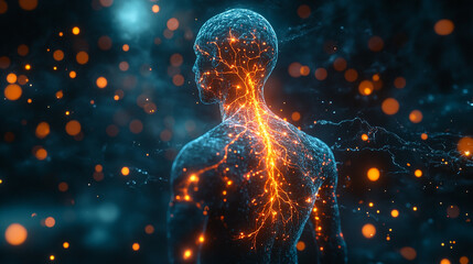 an abstract representation of the human body with glowing energy pathways and particles, illustratin