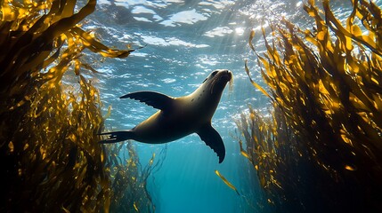 Wall Mural - A California sea lion swims through a kelp forest, sunlight shining through the water above.