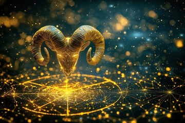 sparkling ram's horns against starry night sky, astrological symbol of aries