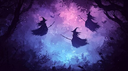 Three witches soar through a mystical, purple-hued forest on their broomsticks. The scene enriched with stars and bats, creates a sense of enchantment and otherworldly charm.