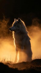 Wall Mural - Wolf standing in mist at sunrise, dramatic