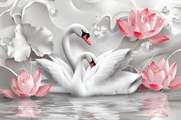 Wall Mural - Swan, butterfly, and flower 3D wallpaper on white background.