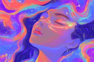 Wall Mural - Woman Dream Depicted With Endless Colors Of Stars In The Sky Background. Sleeping Beautiful Girl Imagination. Stock Image.