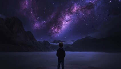 The illustration shows a boy looking up at a night starry sky with glittery galactic flickers above, a theme for prayer of hope, love, and peace.