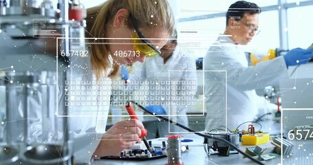  - Animation of scientific data processing over diverse scientists in laboratory