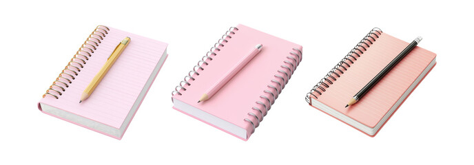 Pastel notebook set isolated on transparent background. Decorative notebooks in soft hues for writing and school themes