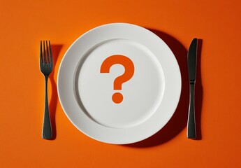 Three dimensional question mark on white plate with fork and knife isolated on orange background. This is the top view of serving.