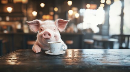 Poster - A small pig sitting at a table with a cup of coffee