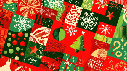 Poster - A red and green christmas background with snowflakes