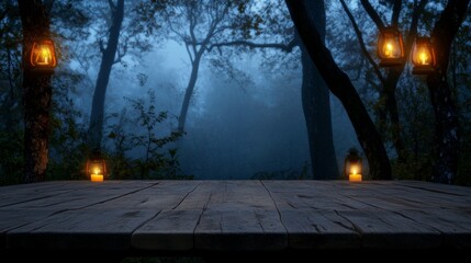 Wall Mural - A spooky Halloween background with empty wooden planks, a dark horror backdrop.