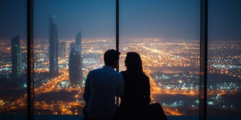 Wall Mural - Silhouettes of a couple viewing a nighttime city.