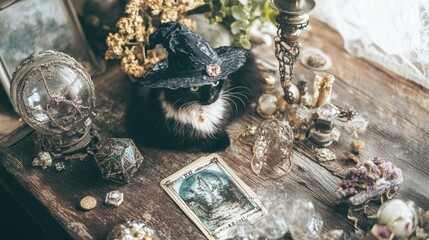 Canvas Print - A black and white cat wearing a witch's hat