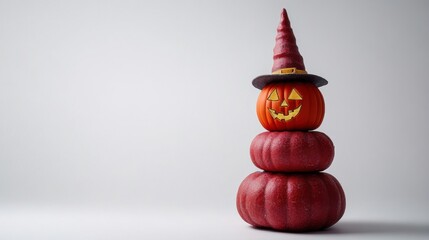 Canvas Print - A stack of pumpkins with a witch hat on top