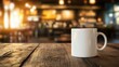 © Amanda - A white coffee mug sits on a rustic wooden table in a cozy café during the warm afternoon light