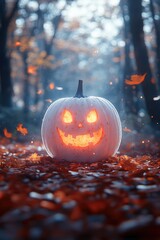 Wall Mural - A glowing pumpkin sitting on top of a pile of leaves