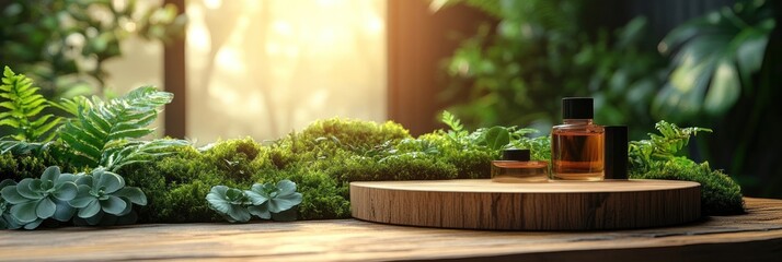 Two Perfume Bottles on Wooden Platform Surrounded by Lush Greenery