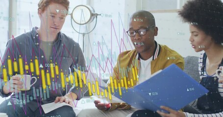 Poster - Animation of financial data processing over diverse business people in office