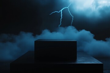 Canvas Print - AI tools generated image of mysterious black stone podium in a cloud of electrical discharges