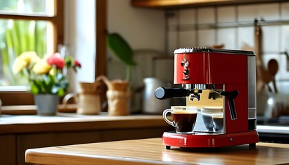 Wall Mural - Cozy home kitchen with a stylish coffee machine on the table