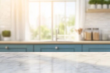 Poster - White marble countertop with a blue modern kitchen interior and a flower on a vase. High quality photo.