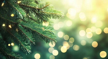 festive green christmas tree branches with soft bokeh lights and blurred background in green and yel