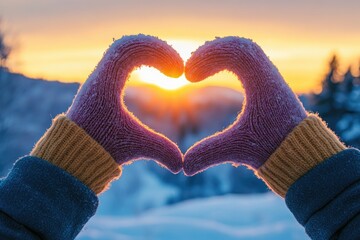 Hands in Winter Gloves Forming Heart Shape Against Sunset Sky, Love Concept for Valentine’s Day Celebration in Snowy Landscape