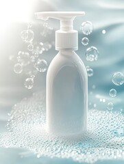 A white pump bottle surrounded by bubbles on a light blue background, perfect for advertising skincare, beauty, or hygiene products, emphasizing freshness and cleanliness,