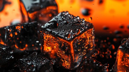 Orange and black ice cubes with water drops on orange and black background.