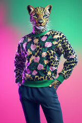 Wall Mural - An illustrated portrait of a leopard standing and posing in a sweater with a leopard print pattern, rendered in soft pastel shades of pink and green. Abstract half animal half man.  Generative AI.  