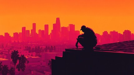 Poster - Silhouette of a Person on a Rooftop with a City Skyline in the Background