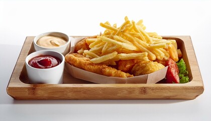 french fries and sauces and breakfast white background